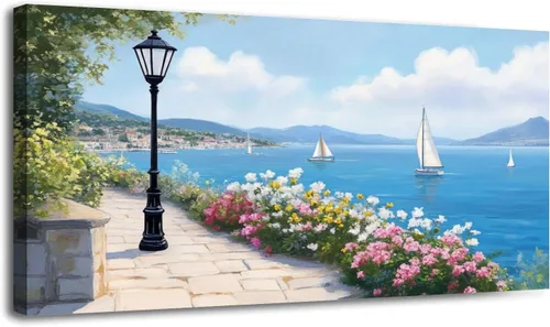 Vista 10 de Arte de pared costero vintage de 30 x 60 pulgadas, paisaje de ventana, granja, paisaje, naturaleza, pintura cálida, impresión sobre lienzo, arte