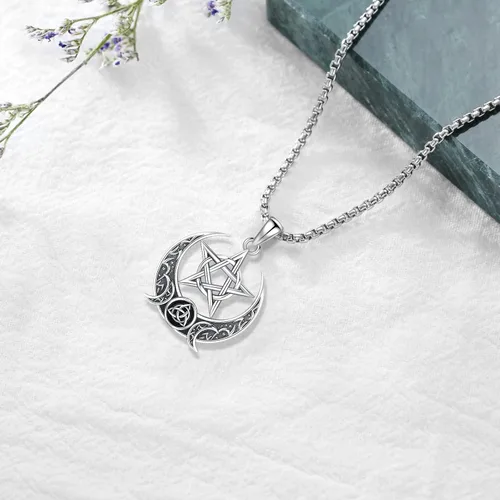 Vista 78 de Collar de pentagrama de plata de ley con triple luna, diosa celta, nudo celta, nudo de brujas, Ankh, sol y luna, Hécate, lilith, Santa Muerte