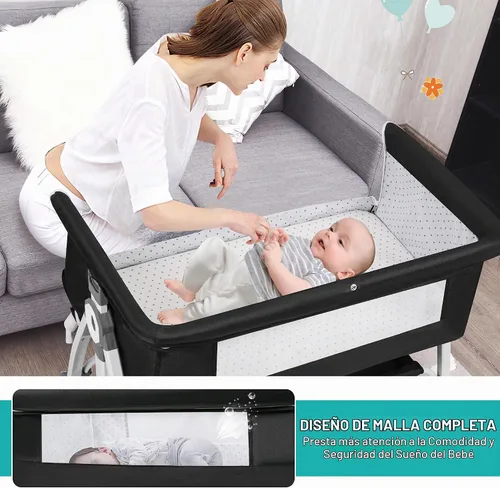 Vista 2 de VOOI Moisés para bebé junto a la cama, moisés mecedor 3 en 1 para bebé, moisés junto a la cama con ruedas, altura ajustable, cesta