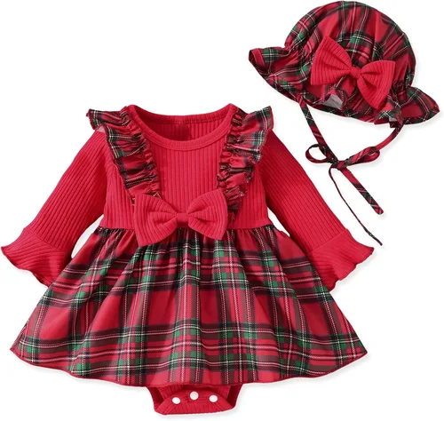 Vista 11 de Aalizzwell Vestido mameluco de una pieza para bebés y niñas con sombrero de 0 a 18 meses Rojo Navidad