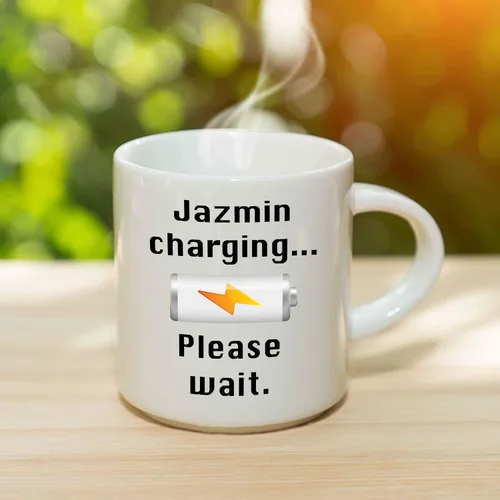Vista 3 de Jazmin Charging Coffee Mug - Personalized Ceramic Cup with Name, Custom Mug, Customized Birthday/Christmas Gift, Holiday Present, 11 Oz