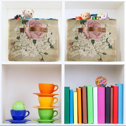 Vista 7 de ALAZA Shabby Chic - Caja de almacenamiento plegable con diseño floral de rosas, cestas organizadoras con asas para estantes, armario, sala de estar