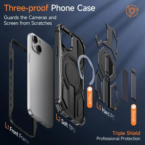 Vista 8 de Funda magnética para iPhone 15 con soporte y protector de pantalla [compatible con Magsafe] antideslizante, cuerpo completo, doble capa, resistente