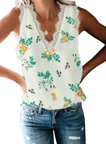 Vista 109 de VIISHOW - Camiseta sin mangas, sexy, con cuello en V y bordes de encaje para mujer, camisola de vestir, camisas de gasa, sin mangas, casuales
