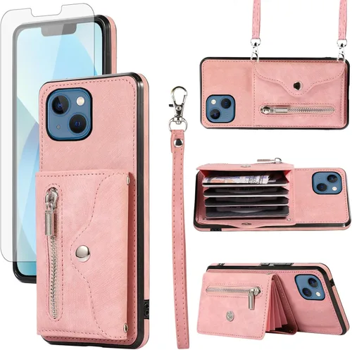 Vista 10 de Funda para iPhone 13 de 6.1 pulgadas con protector de pantalla de vidrio templado, correa cruzada para muñeca, soporte para tarjeta de crédito