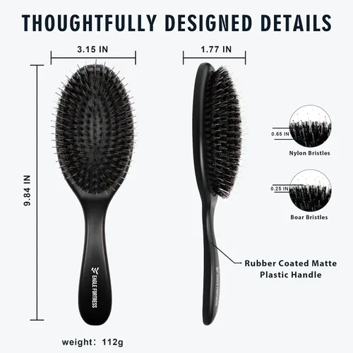 Vista 4 de Cepillo de cerdas de jabalí para mujeres, hombres y niños, cepillo desenredante para cabello grueso, adelgazamiento, seco o húmedo con alfileres
