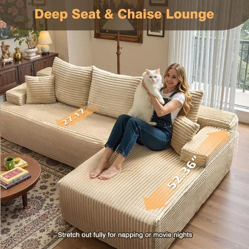 Vista 5 de Sofá modular Cloud de 96 pulgadas con tumbona, asiento profundo en forma de L, moderno sofá cama sin hueso, no requiere montaje, sofás sin hueso