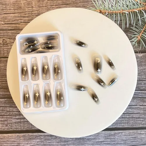 Vista 3 de 24 uñas postizas medianas a presión, uñas postizas brillantes con diseños de estrellas y luna, uñas acrílicas negras de cobertura completa pegamento