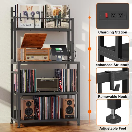 Vista 6 de EasyCom Soporte para tocadiscos con almacenamiento de vinilo, soporte para tocadiscos con capacidad para hasta 300 álbumes, mesa grande