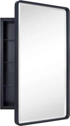 Vista 10 de TEHOME Botiquín de baño empotrado con marco de metal dorado cepillado con espejo rectangular redondeado con espejo biselado de 16 x 24 pulgadas