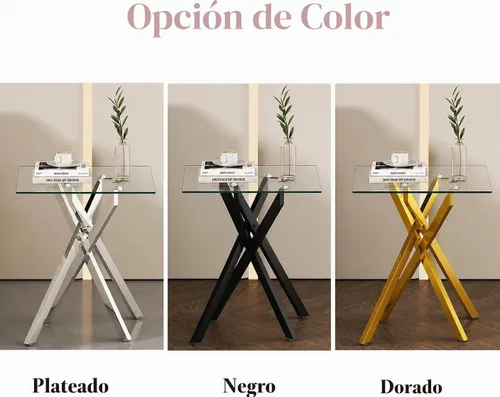 Vista 8 de Mesa auxiliar moderna de cristal, mesa auxiliar cuadrada para sofá, mesa auxiliar negra con parte superior de vidrio templado transparente y patas