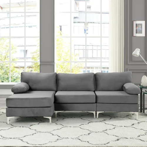 Vista 30 de Sofá modular moderno en forma de L, con diván extra ancho y patas doradas Gris
