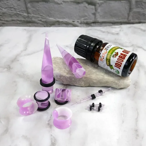 Vista 2 de BodyJ4You Kit de estiramiento de orejas de 48 piezas, calibre 14G-00G para principiantes, aceite de jojoba para cuidado posterior, tapones acrílicos