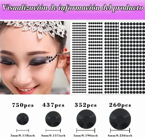 Vista 4 de 1799 calcomanías de gemas, diamantes de imitación autoadhesivos, brillantes redondos de acrílico para manualidades, 4 hojas, 4 tamaños, negro