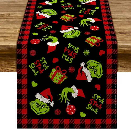 Vista 7 de Pudodo Camino de Mesa Navideño Feliz Navidad a Cuadros Búfalo Decoración de Fiesta de Vacaciones de Invierno Chimenea Cocina Comedor Decoración