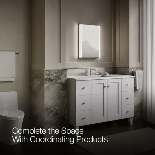 Vista 11 de Kohler K-81144-SLE-DA1 Maxstow Botiquín con luz LED, puerta de espejo y estantes escalonados, marco rectangular, 17" x 24