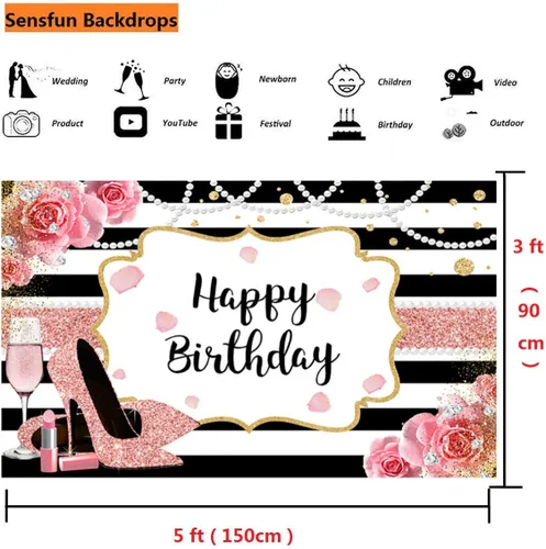 Vista 4 de Sensfun Telón de fondo de feliz cumpleaños floral rosa de 5 x 3 pies para mujer, con purpurina de oro rosa, tacón alto, fondo de fotografía, fondo