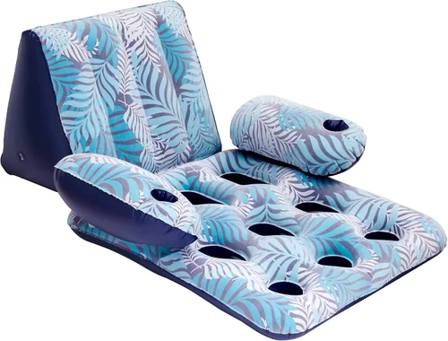 Vista 5 de Aqua Deluxe Silla de piscina con contorno, tela de lujo,piscina para sentarse al sol, flotador para adultos, alta resistencia, helechos azul/blanco.