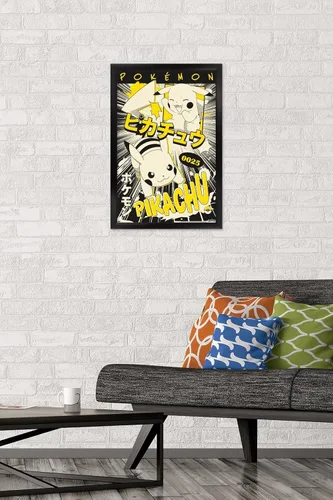 Vista 2 de Trends International Pokémon - Póster de pared de anime Pikachu, 14.72 x 22.37 pulgadas, versión enmarcada en negro