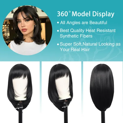 Vista 7 de Kalyss peluca de mujer larga lacia, de pelo sintético negro para mujeres (negro)