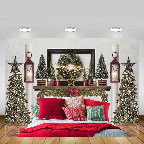 Vista 5 de MEHOFOND Cabecera de Navidad roja de 7 x 5 pies, telón de fondo de cama para niños, retrato de fotografía de invierno, vacaciones de invierno
