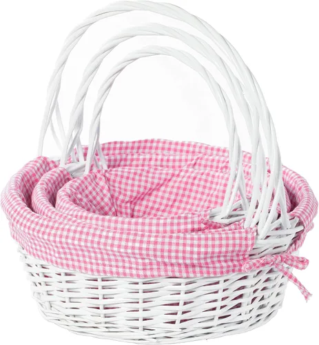 Vista 8 de WICKERWISE Cesta de regalo tradicional de sauce redondo blanco con forro a cuadros y asas resistentes, cesta de almacenamiento de aperitivos
