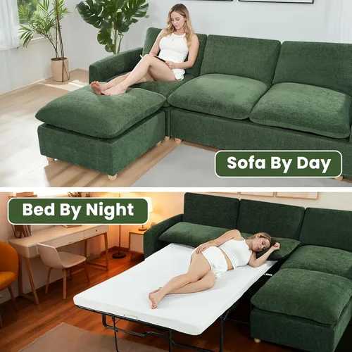 Vista 5 de Sofá extraíble en forma de L con cama cama y otomana de almacenamiento, sofá modular de felpilla para sala de estar, sofá modular en forma de L