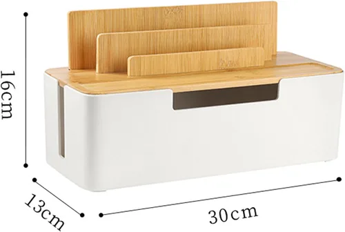 Vista 2 de Catekro Caja de organización de cables con tapa de bambú, soporte para teléfono celular, tableta, enchufe de almacenamiento de cables de datos Negro
