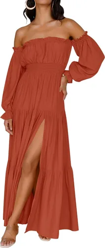 Vista 41 de ZESICA - Vestido largo, bohemio y sexy, con hombros descubiertos y manga larga fruncida, con elástico fruncido, cintura alta y abertura lateral