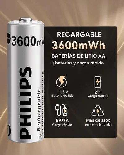 Vista 2 de PHILIPS Batería de litio AA recargable, paquete de 4, batería de iones de litio de 1.5 V 3600 mWh, 1200 baterías de larga duración funciona