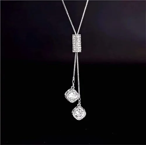 Vista 3 de Cathercing - Collar de cadena ajustable, larga y elegante con dije de diamantes de imitación, joyería única para mujeres y niñas, Plateado