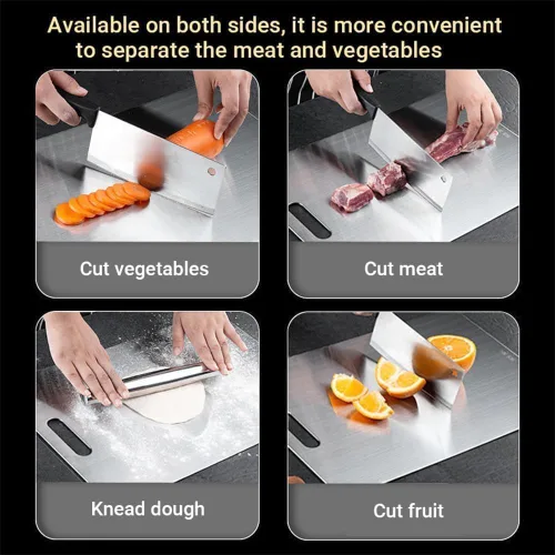 Vista 5 de Tabla de cortar de titanio, tabla de cortar de acero inoxidable de grado alimenticio, tabla de cortar de titanio para cocina, 14 x 10 pulgadas