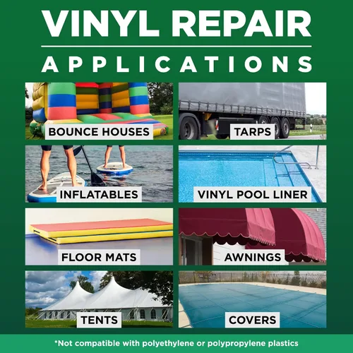Vista 3 de Kit de parches de vinilo RH Adhesives con PVC flexible reforzado de 10" x 10", tubo de 1 oz. de cemento de vinilo HH-66 TF, pincel aplicador, Negro