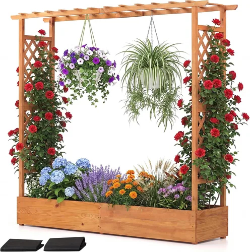 Vista 20 de HAPPYGRILL Cama de jardín elevada con enrejado y techo colgante
