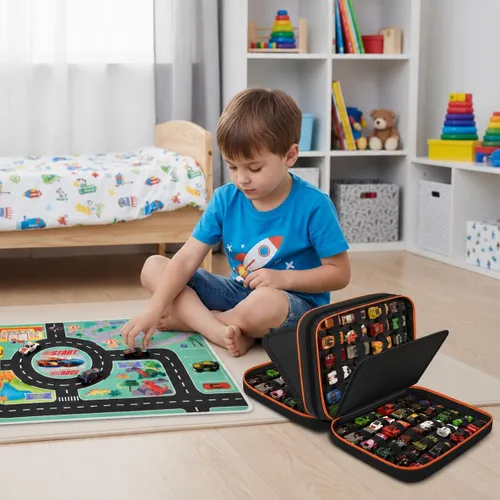 Vista 8 de SAIKA Toy Car Case for Hot Wheels Storage, Holds 96 Cars with Playmat Black