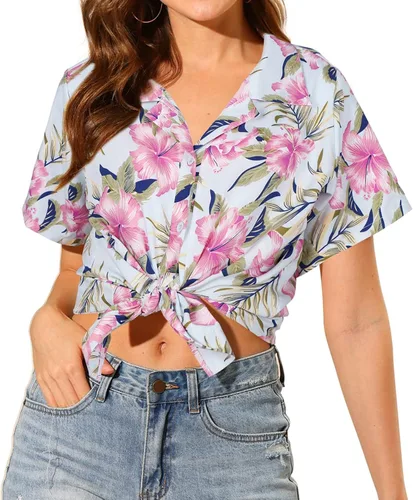 Vista 5 de MYHALF - Camisa de verano estilo hawaiana para mujer, suave y fresca, con estampado floral tropical, cuello en V, manga corta y botones