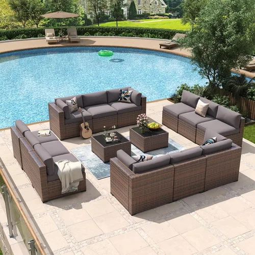 Vista 26 de Aoxun - Juego de 7 piezas de muebles de patio de mimbre de ratán, conjunto de sofá modular para conversación de patio con mesa de café y cojines