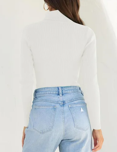 Vista 4 de ZESICA Camisas de manga larga de cuello alto para mujer, camisetas básicas de otoño, suéter de punto acanalado ajustado