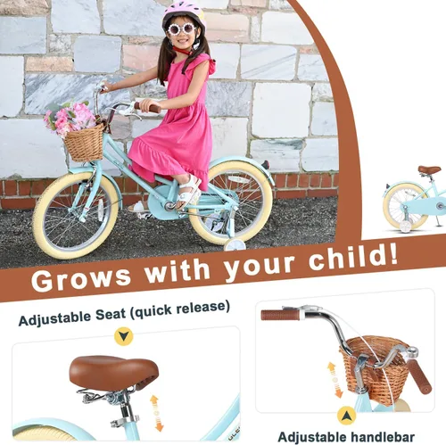 Vista 4 de Glerc Little Molly - Bicicleta de crucero retro para niños de 2 a 13 años de edad con cesta de mimbre y ruedas de entrenamiento/soporte, varios