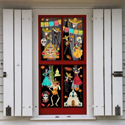Vista 5 de 9 calcomanías para ventana de cristal del Día de los Muertos para ventanas de vidrio, removibles, calcomanías de doble cara con calavera de azúcar