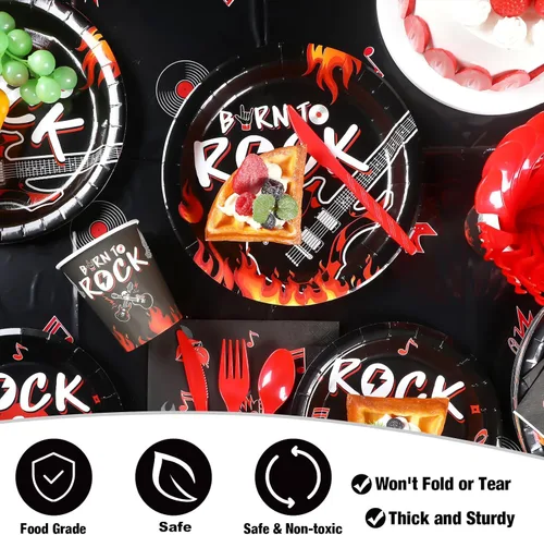 Vista 4 de Yaomiao 172 piezas de suministros de fiesta temática de rock Born to Rock, pancarta de notas musicales, guirnalda, juego de vajilla para fiesta