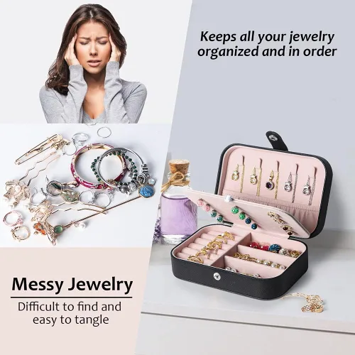 Vista 7 de Joyero de viaje, organizador de joyas pequeño de piel sintética para mujeres y niñas, mini estuche de viaje portátil, cajas de almacenamiento