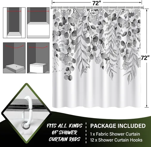Vista 5 de KAIRA Cortina de ducha de eucalipto negro con diseño clásico y moderno, hojas de plantas de acuarela con diseño floral, decoración de baño, 72 x 72