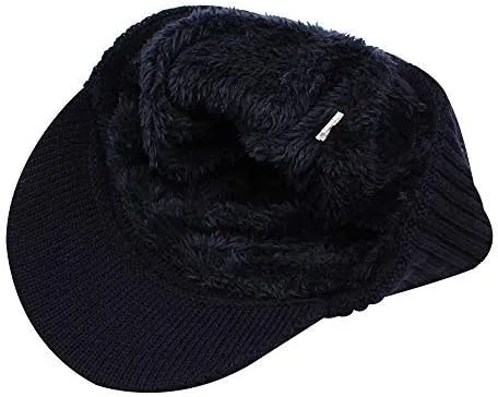 Vista 4 de XIAOHAWANG Gorro de invierno para hombre con visera de cable de punto con forro polar de retazos a rayas con ala para deportes al aire libre