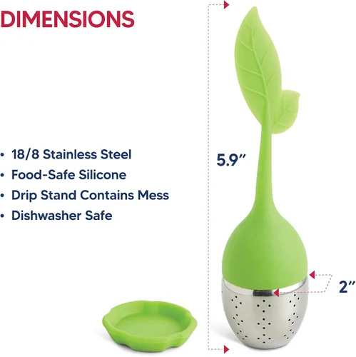 Vista 6 de HIC Kitchen Infusor de té Leaf con bandeja de goteo, té de hierbas de hojas sueltas, acero inoxidable 18/8 y silicona, juego de 2