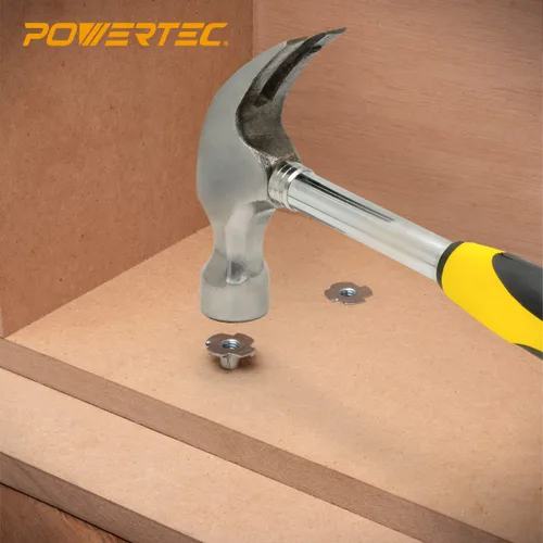 Vista 5 de POWERTEC 50 tuercas en T de 1/4"-20, 4 tuercas en T para pernos y ruedas giratorias, insertos roscados para trabajar en madera, soportes de escalada