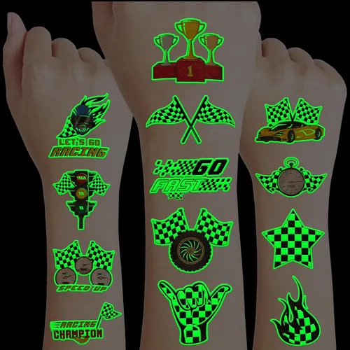 Vista 2 de 96 piezas de tatuajes temporales luminosos precortados con bandera a cuadros que brillan en la oscuridad para niños Recuerdos de fiesta