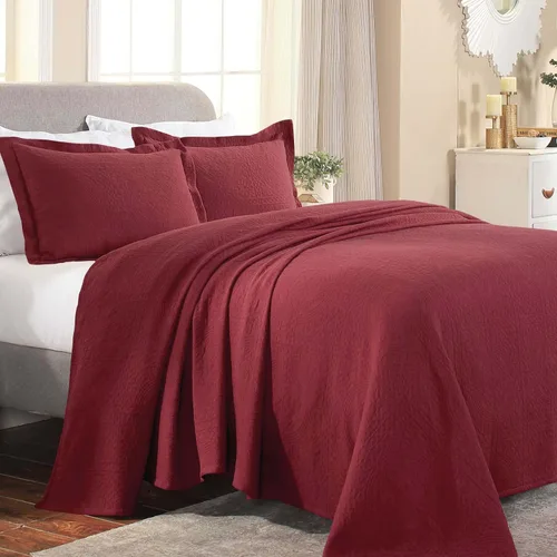 Vista 8 de Superior Fleur De Lis - Juego de colcha de algodón de 3 piezas, decoración de cama para el hogar, colcha decorativa con textura, 2 fundas de Granate