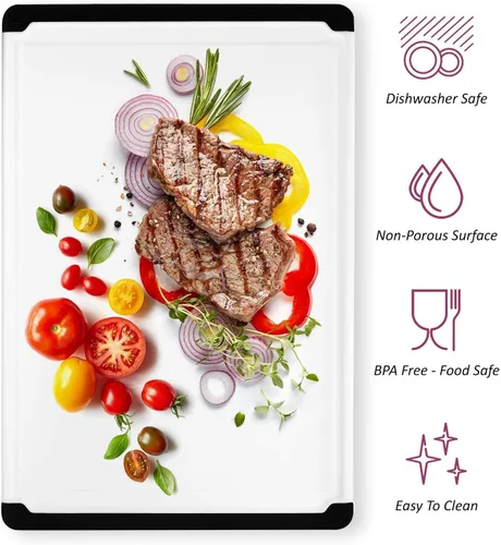 Vista 2 de Tabla de cortar de plástico extra grande para cocina, tabla de cortar de 18 pulgadas, apta para lavavajillas, tabla de cortar reversible con ranura