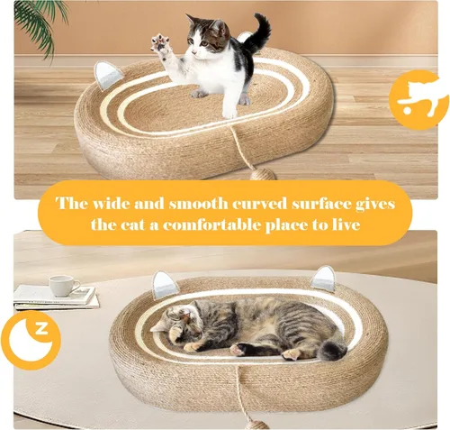 Vista 4 de Cama rascador para gatos 3 en 1, tabla rascador de sisal para gatos, almohadilla ovalada para arañazos de gatos, duradera para rascar, cama redonda